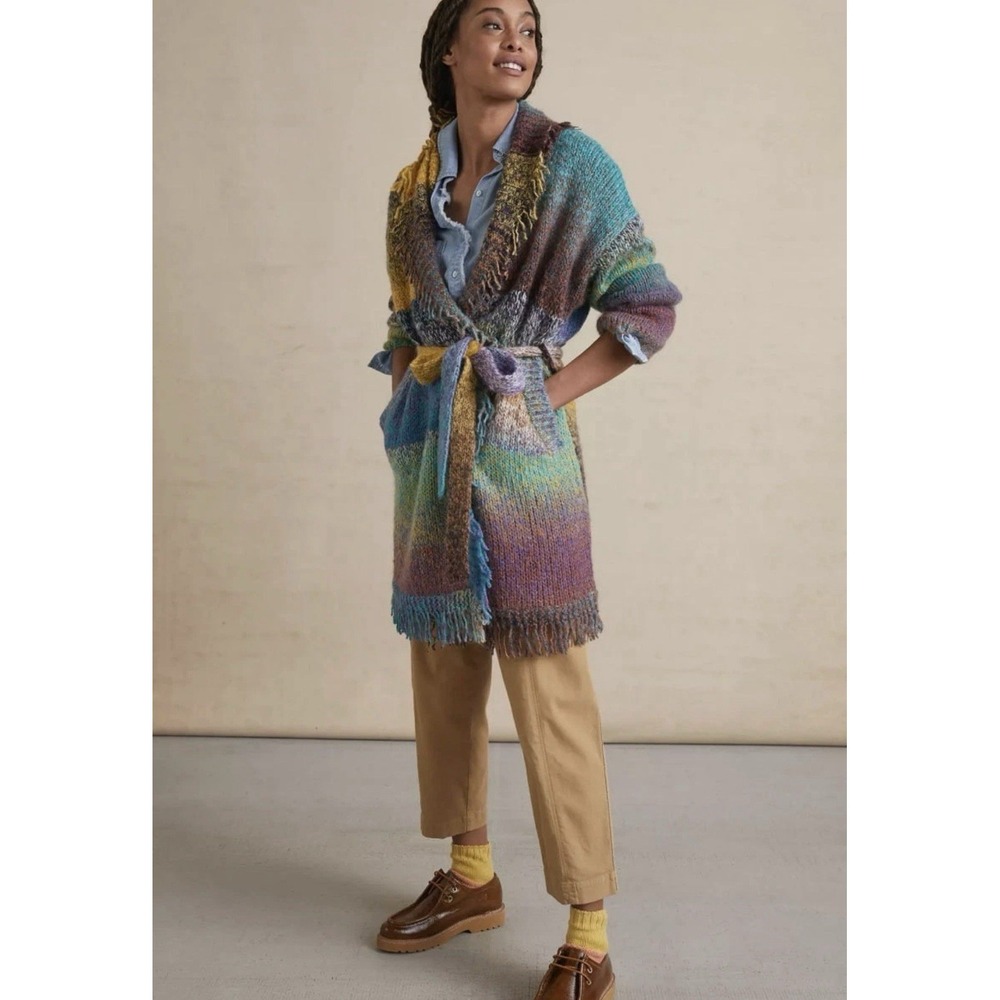 Anthropologie Greylin Natalia Fringe Cardigan Rainbow Belted Sweater Size XL